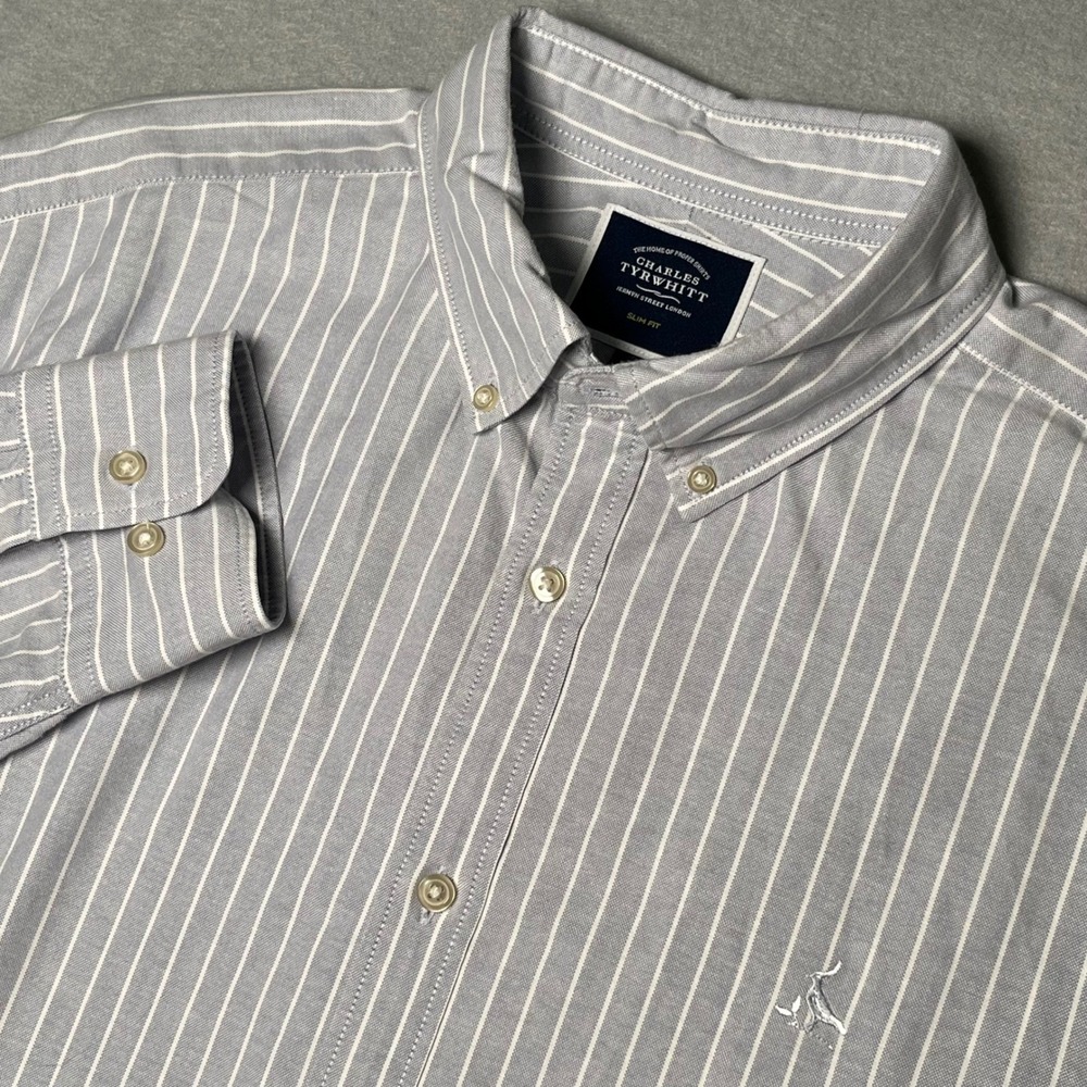 Charles Tyrwhitt Mens Grey Stripe Button Down Slim Fit Dress Shirt XL Cotton